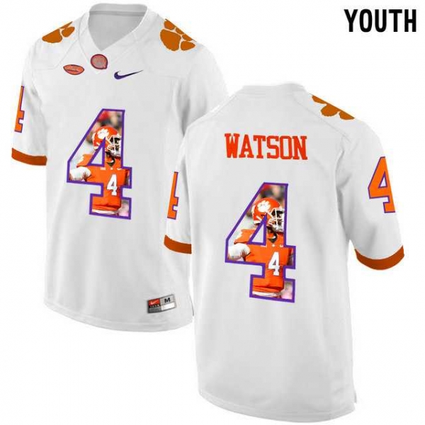 Youth Clemson Tigers #4 DeShaun Watson White With Portrait Print Youth College Football Jersey2