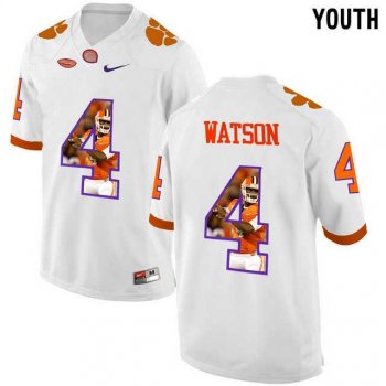 Youth Clemson Tigers #4 DeShaun Watson White With Portrait Print Youth College Football Jersey3