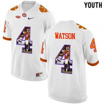 Youth Clemson Tigers #4 DeShaun Watson White With Portrait Print Youth College Football Jersey4