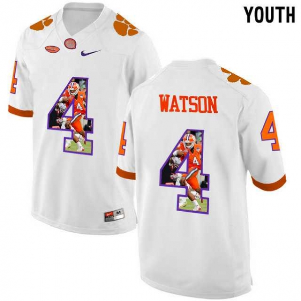 Youth Clemson Tigers #4 DeShaun Watson White With Portrait Print Youth College Football Jersey5