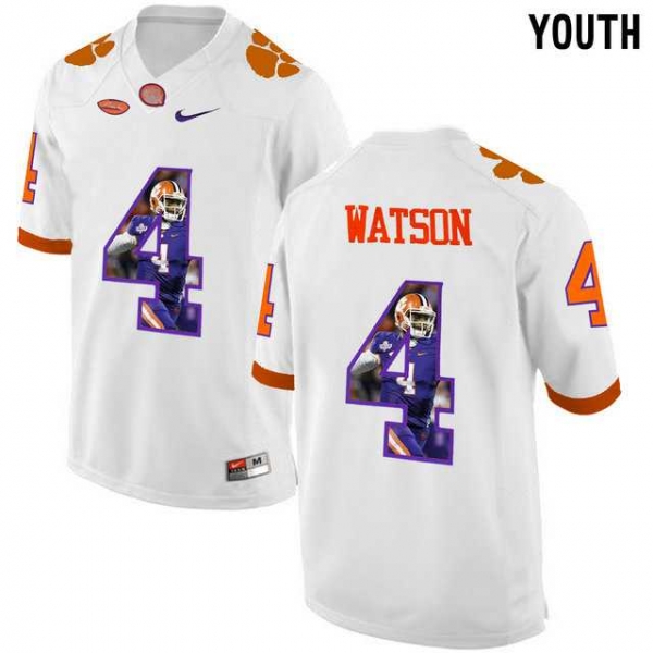 Youth Clemson Tigers #4 DeShaun Watson White With Portrait Print Youth College Football Jersey6