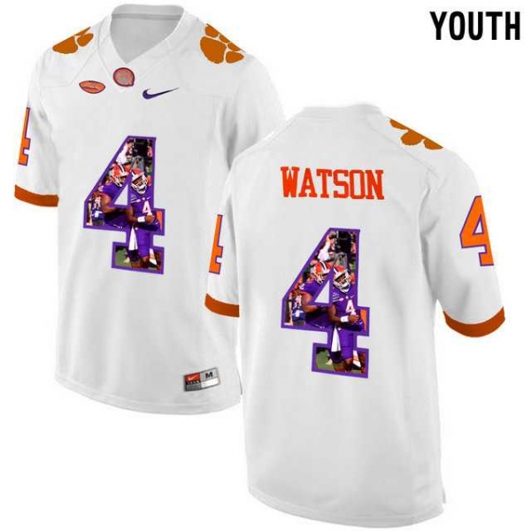 Youth Clemson Tigers #4 DeShaun Watson White With Portrait Print Youth College Football Jersey7