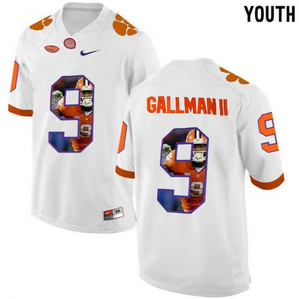 Youth Clemson Tigers #9 Wayne Gallman II White With Portrait Print Youth College Football Jersey4