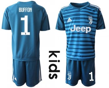 Juventus #1 Buffon Blue Goalkeeper Kid Soccer Club Jersey