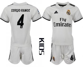 Real Madrid #4 Sergio Ramos White Home Kid Soccer Club Jersey