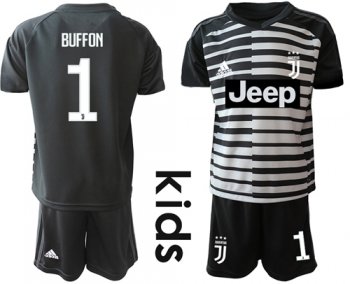 Juventus #1 Buffon Black Goalkeeper Kid Soccer Club Jersey