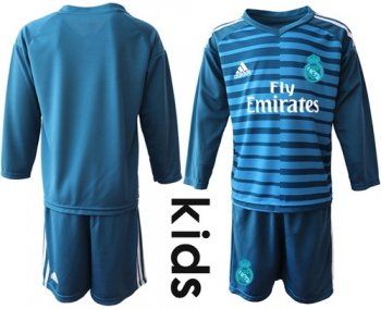 Real Madrid Blank Blue Goalkeeper Long Sleeves Kid Soccer Club Jersey