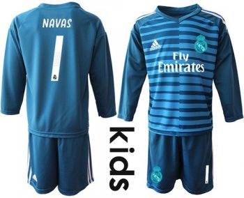 Real Madrid #1 Navas Blue Goalkeeper Long Sleeves Kid Soccer Club Jersey