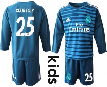 Real Madrid #25 Courtois Blue Goalkeeper Long Sleeves Kid Soccer Club Jersey