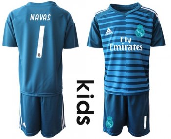 Real Madrid #1 Navas Blue Goalkeeper Kid Soccer Club Jersey