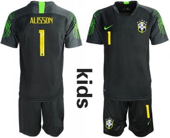 Brazil #1 Alisson Black Goalkeeper Kid Soccer Country Jersey