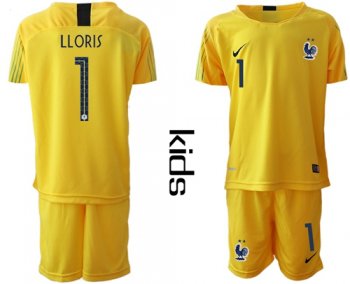 France #1 Lloris Yellow Goalkeeper Kid Soccer Country Jersey