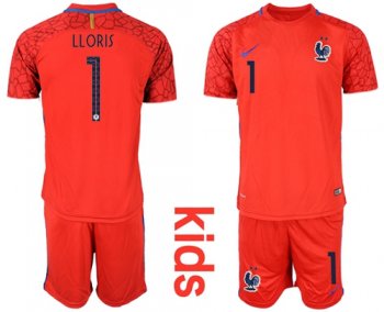 France #1 Lloris Red Goalkeeper Kid Soccer Country Jersey