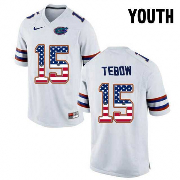 Youth Florida Gators #15 Tim Tebow White USA Flag Youth College Football Jersey