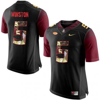 Florida State Seminoles #5 Jameis Winston Black With Portrait Print College Football Jersey