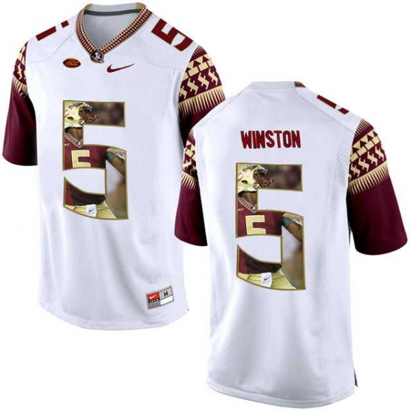 Florida State Seminoles #5 Jameis Winston White With Portrait Print College Football Jersey