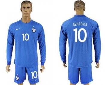 France #10 Benzema Home Long Sleeves Soccer Country Jersey