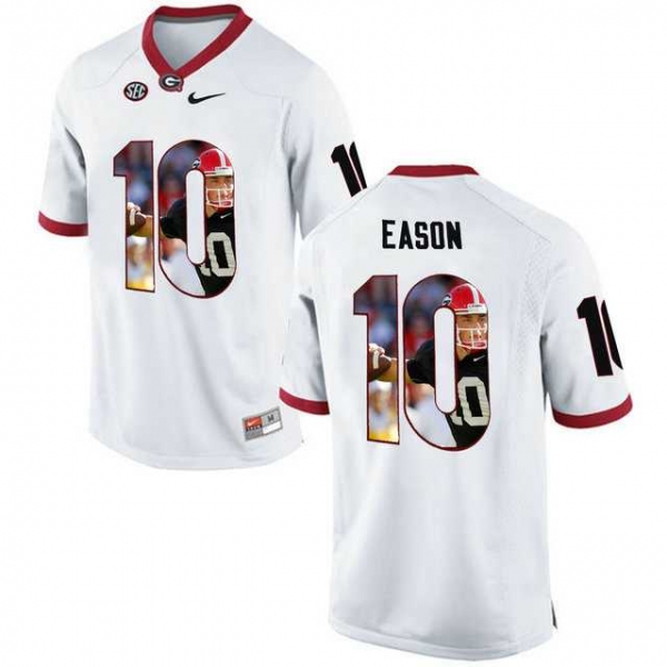 Georgia Bulldogs #10 Jacob Eason White With Portrait Print College Football Jersey