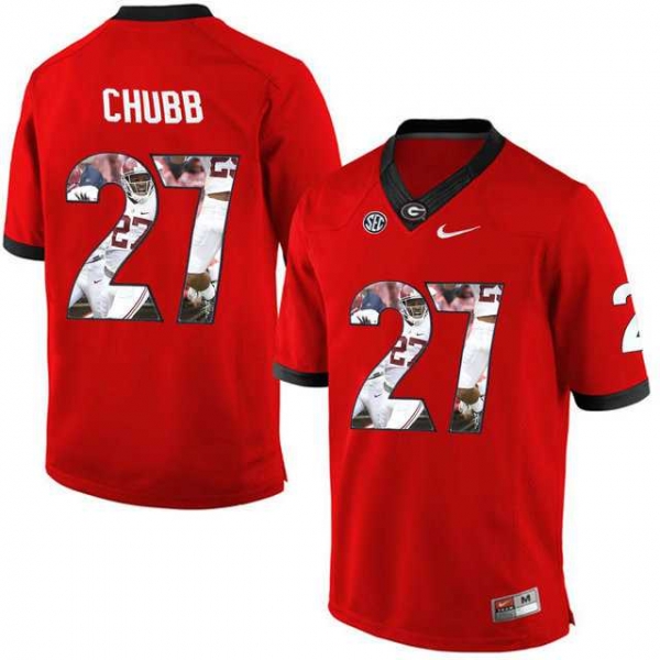 Georgia Bulldogs #27 Nick Chubb Red With Portrait Print College Football Jersey