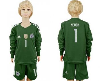 Germany #1 Neuer Green Goalkeeper Long Sleeves Kid Soccer Country Jersey