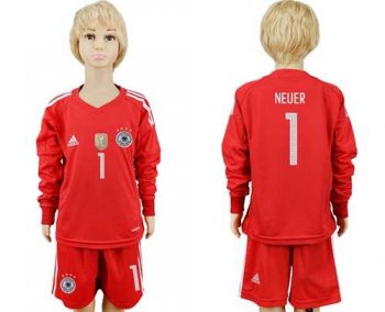 Germany #1 Neuer Red Goalkeeper Long Sleeves Kid Soccer Country Jersey