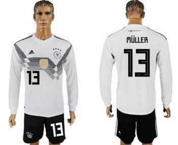 Germany #13 Muller White Home Long Sleeves Soccer Country Jersey