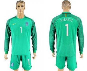 Greece #1 Karnezis Green Goalkeeper Long Sleeves Soccer Country Jersey