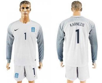 Greece #1 Karnezis White Goalkeeper Long Sleeves Soccer Country Jersey