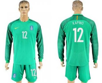 Greece #12 Kapino Green Goalkeeper Long Sleeves Soccer Country Jersey