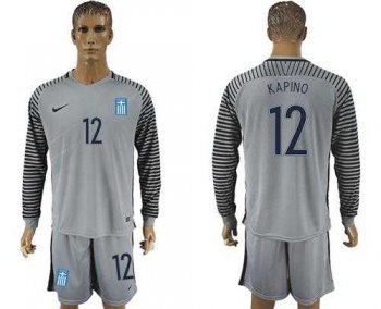 Greece #12 Kapino Grey Goalkeeper Long Sleeves Soccer Country Jersey