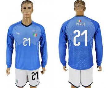 Italy #21 Pirlo Blue Home Long Sleeves Soccer Country Jersey