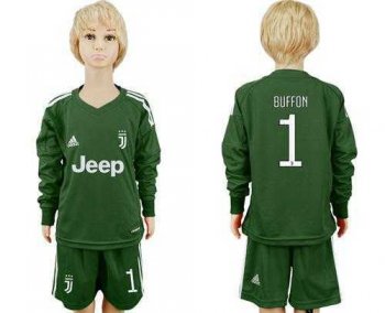 Juventus #1 Buffon Green Goalkeeper Long Sleeves Kid Soccer Club Jersey