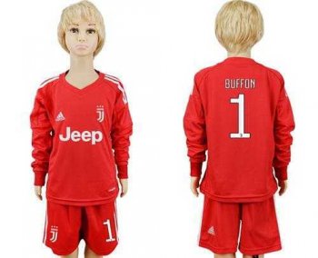 Juventus #1 Buffon Red Goalkeeper Long Sleeves Kid Soccer Club Jersey