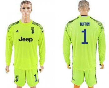 Juventus #1 Buffon Shiny Green Goalkeeper Long Sleeves Soccer Club Jersey