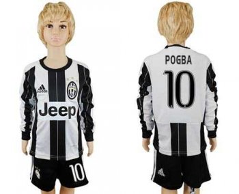 Juventus #10 Pogba Home Long Sleeves Kid Soccer Club Jersey