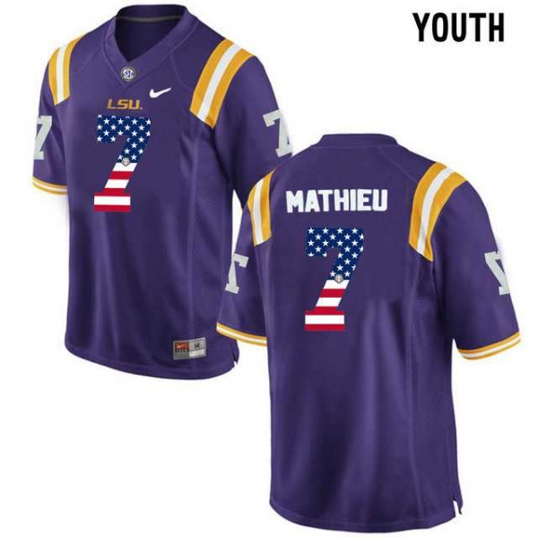 Youth LSU Tigers #7 Tryann Mathieu Purple USA Flag Youth College Football Limited Jersey