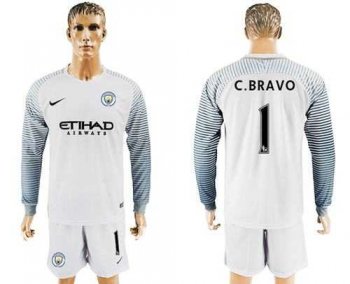 Manchester City #1 C.Bravo White Goalkeeper Long Sleeves Soccer Club Jersey