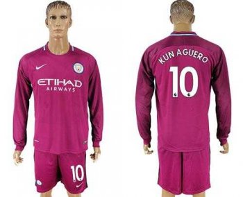 Manchester City #10 Kun Aguero Away Long Sleeves Soccer Club Jersey