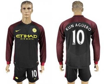 Manchester City #10 Kun Aguero Away Long Sleeves Soccer Club Jersey