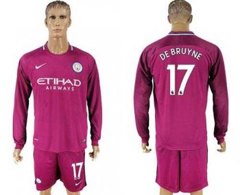 Manchester City #17 De Bruyne Away Long Sleeves Soccer Club Jersey