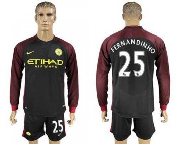 Manchester City #25 Fernandinho Away Long Sleeves Soccer Club Jersey