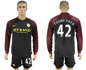 Manchester City #42 Toure Yaya Away Long Sleeves Soccer Club Jersey