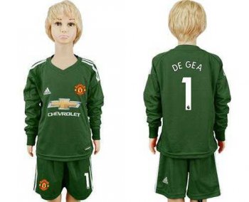 Manchester United #1 De Gea Green Goalkeeper Long Sleeves Kid Soccer Club Jersey