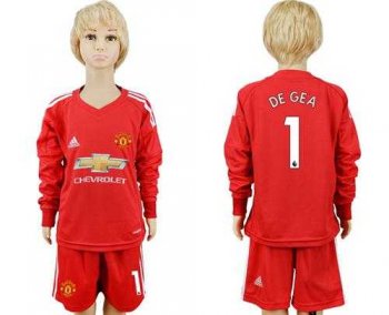 Manchester United #1 De Gea Red Goalkeeper Long Sleeves Kid Soccer Club Jersey