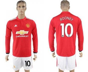 Manchester United #10 Rooney Red Home Long Sleeves Soccer Club Jersey