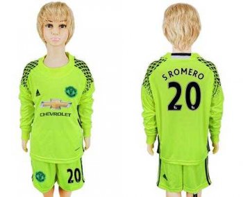 Manchester United #20 S.Romero Shiny Green Goalkeeper Long Sleeves Kid Soccer Club Jersey