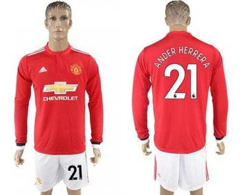 Manchester United #21 Ander Herrera Red Home Long Sleeves Soccer Club Jersey