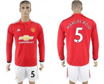 Manchester United #5 Marcos Rojo Red Home Long Sleeves Soccer Club Jersey