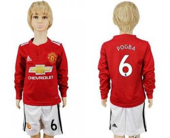 Manchester United #6 Pogba Home Long Sleeves Kid Soccer Club Jersey