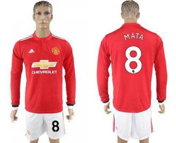 Manchester United #8 Mata Red Home Long Sleeves Soccer Club Jersey